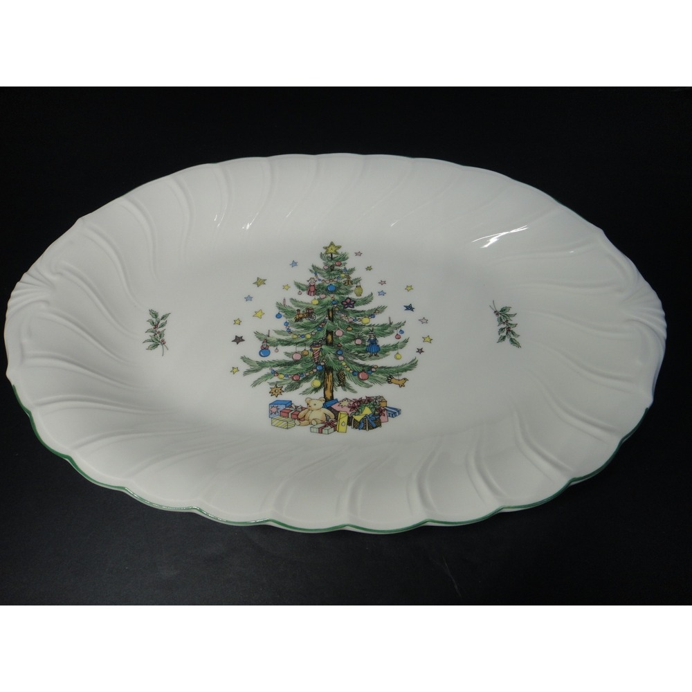 Nikko Japan Happy Holidays Oval Serving Platter 14" Christmas Tree Swirl VTG EUC